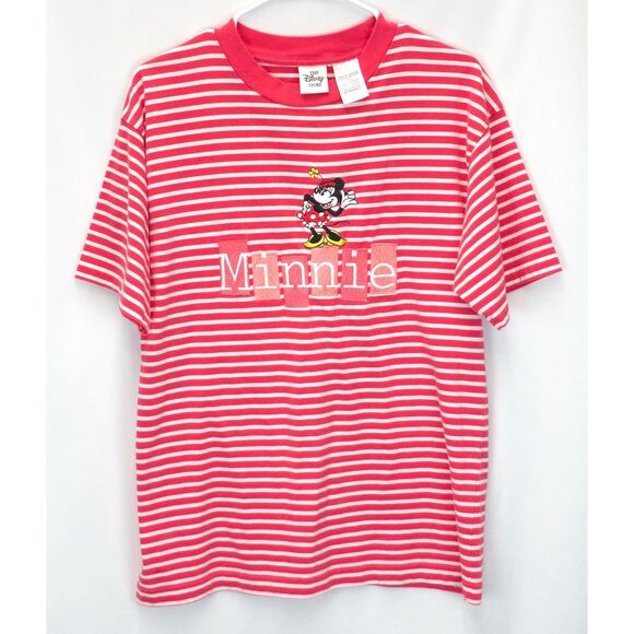 Vintage Disney Store Minnie Mouse T-Shirt Adult Striped Embroidered Tee Medium - Picture 1 of 5